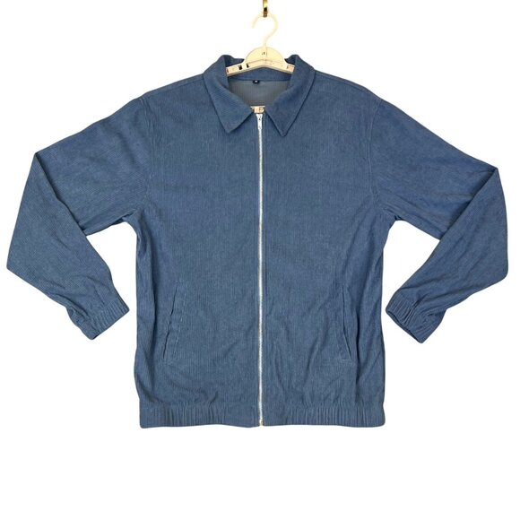 Mens Med Harrington Bomber Jacket Blue Full Zip Ribbed Corduroy Look Collared - Picture 1 of 8